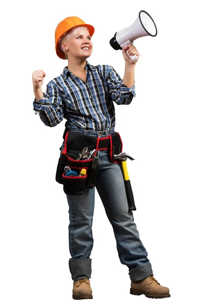 Attractive Female Construction Workers Safety Helmet Holding Megafonía Retrato Joven —  Fotos de Stock