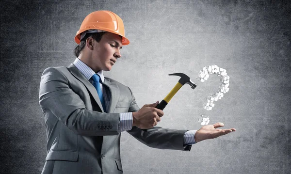 Businessman Going Crash Hammer Question Mark Young Handsome Man Business — Stock Photo, Image