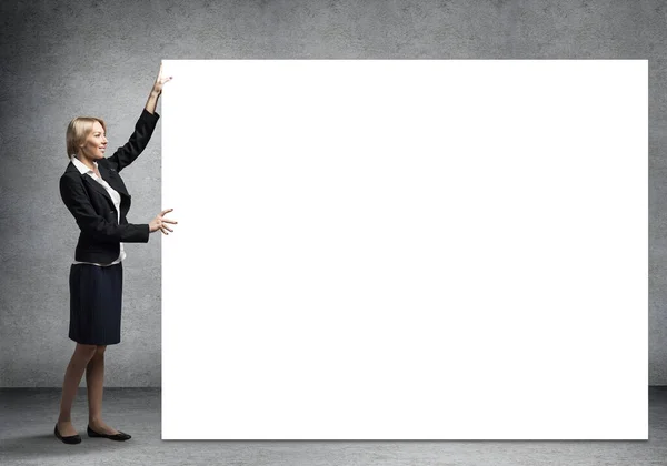 Beautiful Woman Suit Standing Big White Banner Blank Whiteboard Template — Stock Photo, Image