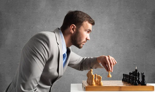 Concentrated Businessman Playing Chess Game Successful Management Leadership Concept Confident — Stock Photo, Image