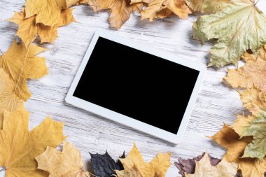 Boş ekranlı tablet bilgisayar, parlak yapraklı eski ahşap masanın üzerinde yatıyor. Beyaz ahşap yüzeyde sonbahar yapraklarıyla düz bir bileşim vardı. İnternet iletişimi ve dijital teknoloji