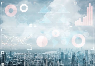 Modern ticaret bölgesinin arka planında soyut finansal grafiklerle çifte maruz kalma konsepti. Dijital ekonomi ve küresel online ticaret. Yatırım yönetimi ve strateji planlaması