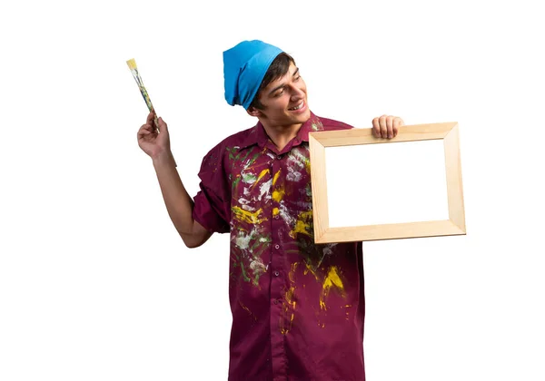 Young Handsome Painter Artist Holding Paintbrush Blank Canvas Frame Portrait — Stock Photo, Image