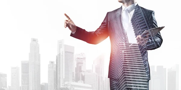 Businessman Pointing Empty Space Background Modern Cityscape Standing Entrepreneur Business — Stock Photo, Image