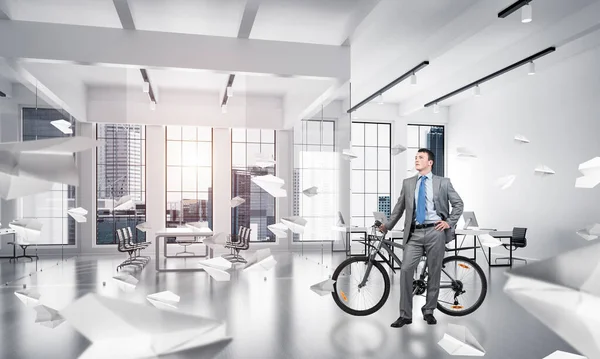 Young Man Wearing Business Suit Tie Bike Standing Comfortable Coworking — Stock Photo, Image