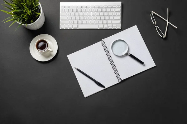 Top View Modern Workplace Green Plant Flat Lay Black Surface — Stock Photo, Image