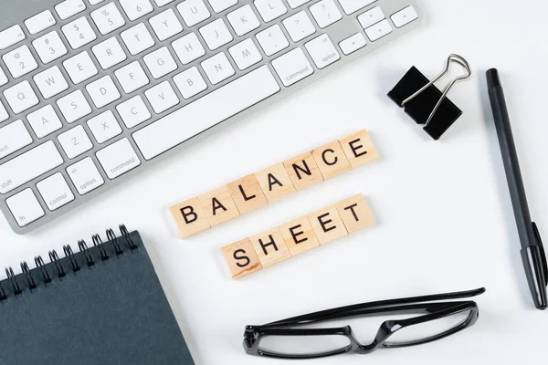 Balance Sheet Concept Letters Wooden Cubes Still Life Office Workplace — Stock Photo, Image