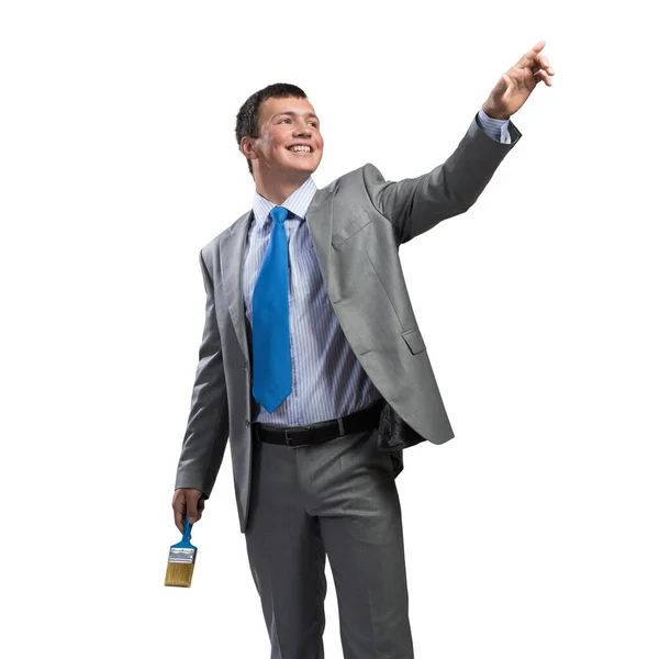 自信和富有创意的商人手指尖向上 穿着西服 打着领带 背景为白色的快乐英俊男人的画像 企业的雄心和创造力 — 图库照片