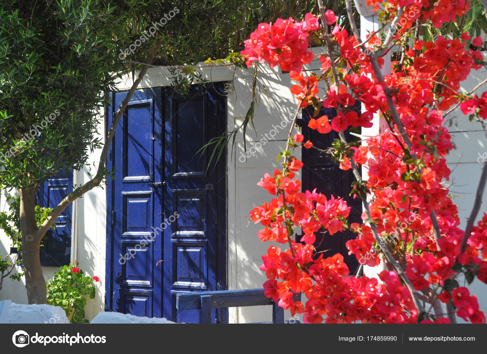 Typical Greek Red Bougainvillea White House Blue Door