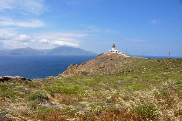 Torre Velho Farol Abandonado Ilha Grega Mykonos — Fotografia de Stock