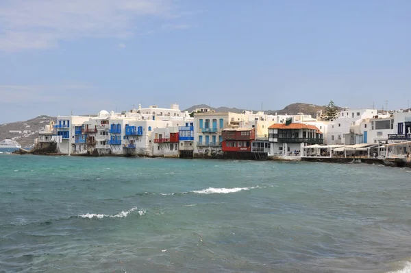 Famosas Casas Beira Mar Praia Ilha Grega Mykonos — Fotografia de Stock