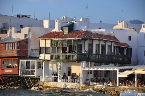 Slavné Nábřeží Domů Pláž Řecký Ostrov Mykonos Při Západu Slunce — Stock fotografie