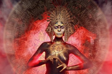 güzel kız modeli ayakta ve Doğu Astroloji takvimine göre altın maymun yaratıcı vücut sanatı ile poz