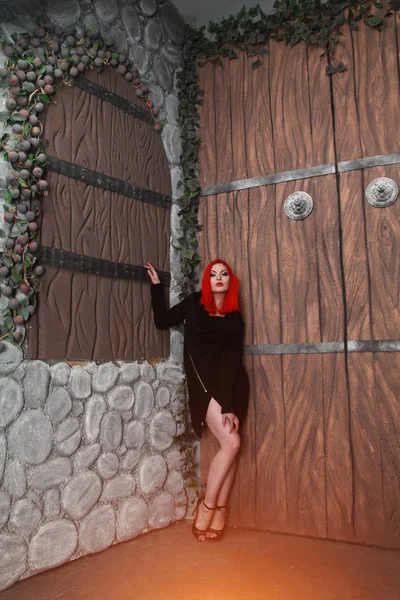 Mode dame posant près des grandes portes en bois — Photo