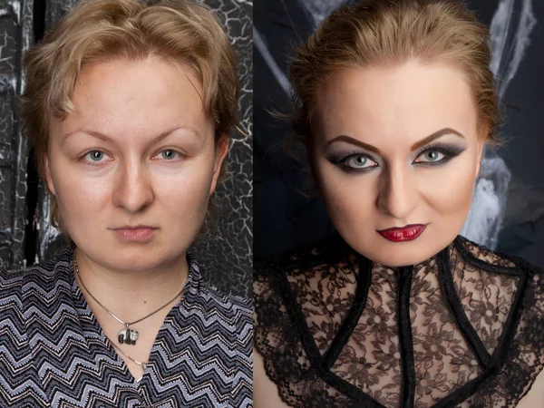 Before and after make up woman — Stock Photo, Image