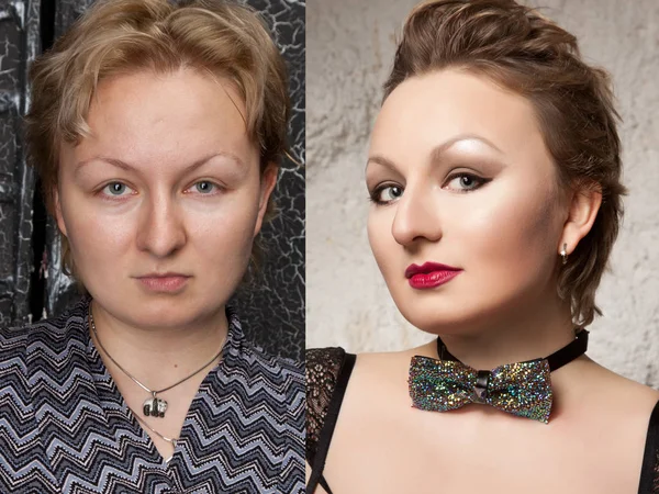 До и после составления женщины — стоковое фото