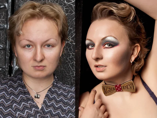До и после составления женщины — стоковое фото