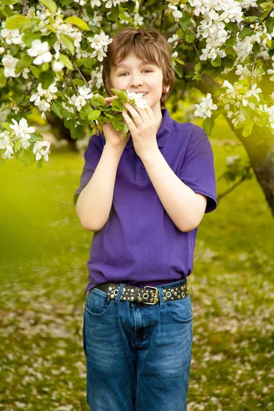 Όμορφο αγόρι παιδί στον κήπο apple ευτυχισμένος με λουλούδια την άνοιξη — Φωτογραφία Αρχείου