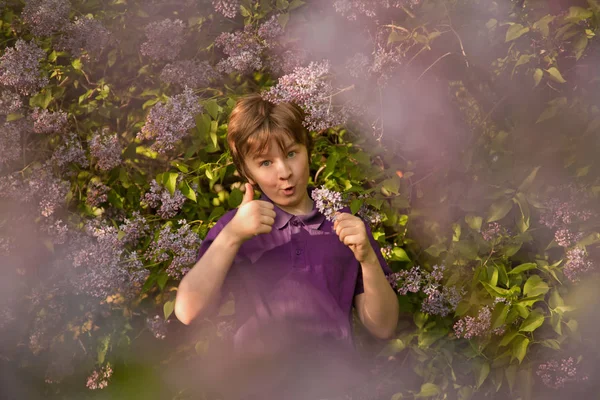 Joli garçon gentil souriant dans les arbres lilas et montrant pouces symbole dans le jardin d'été — Photo