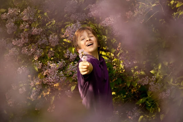 Ganska snäll pojke ler i lila träden i trädgården — Stockfoto