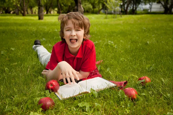 Adolescente chico leyendo un libro en el verde verano manzanos parque — Foto de Stock