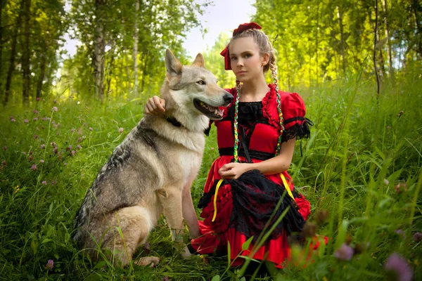 Bella ragazza weaing vestito rosso seduto con il lupo cane sull'erba nella foresta — Foto Stock