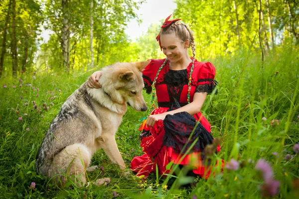 Hezká holka weaing červené šaty sedí s vlkem psa na trávě v lese — Stock fotografie