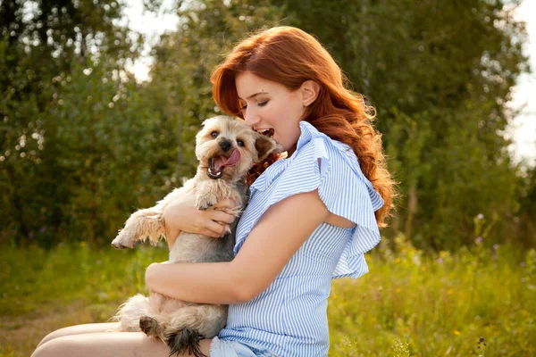 Όμορφη redheaded κορίτσι συνεδρίαση και αγκαλιάζει με αρκετά αξιολάτρευτο Γιορκσάιρ Τεριέ σκυλάκι εξωτερική — Φωτογραφία Αρχείου