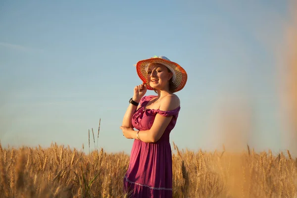 Hezká plus velikosti žena s kloboukem stojící v poli zlaté pšenice — Stock fotografie