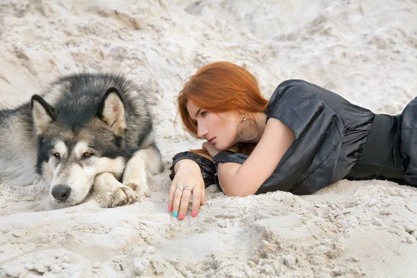 아름 다운 젊은 여 인과 사막에서 그녀의 사랑 스러운 행복 개 malamute 하얀 모래 채 석 장 — 스톡 사진