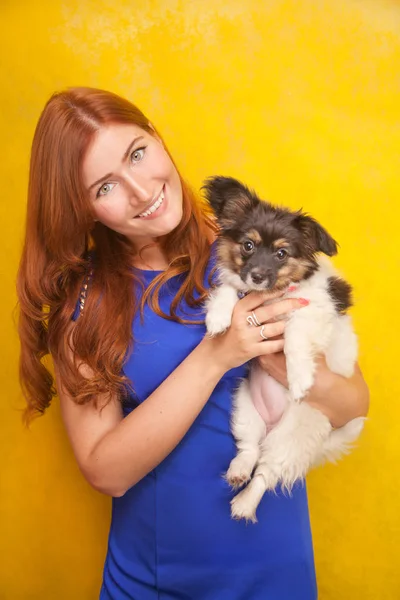 美丽的红发年轻女人站在一起只可爱的小狗小狗黄色工作室背景 — 图库照片