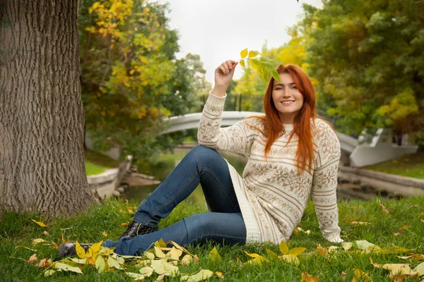 Bonita outono ruiva mulher vestindo camisola branca quente e sentado perto da árvore no chão no parque — Fotografia de Stock