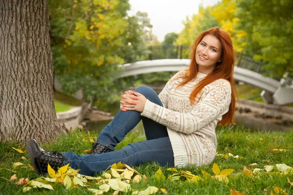sıcak beyaz kazak giyen ve ağaç parkta yere yakın oturan güzel sonbahar Kızıl saçlı kadın