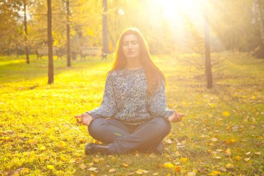 Sıcak Sonbahar lotus meditasyon poz sarı sonbahar parkta yere kazak tek başına oturmak giyen genç ve güzel kadın