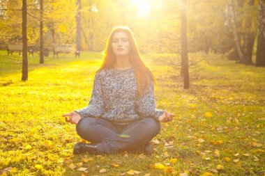 Sıcak Sonbahar lotus meditasyon poz sarı sonbahar parkta yere kazak tek başına oturmak giyen genç ve güzel kadın