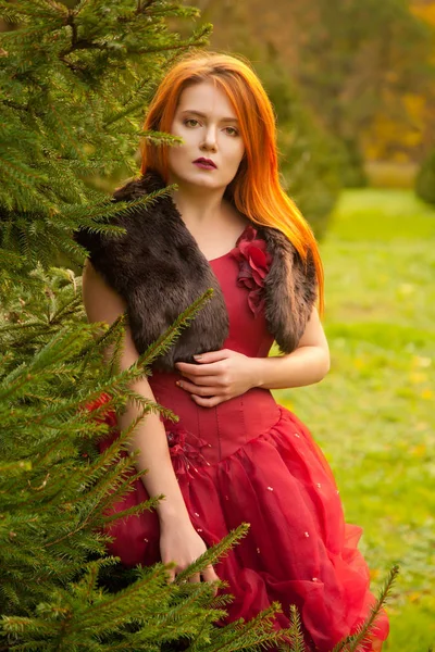 Bela jovem ruiva menina vestindo vestido vermelho noite longa e andando no parque de árvore de abeto sozinho — Fotografia de Stock