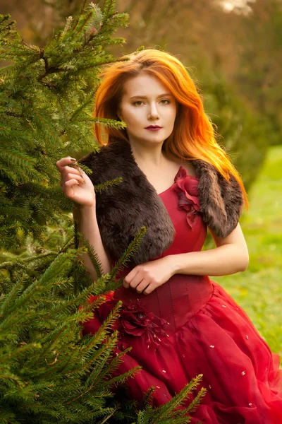 Schönes junges rothaariges Mädchen, das ein langes rotes Abendkleid trägt und allein im Tannenpark spazieren geht — Stockfoto