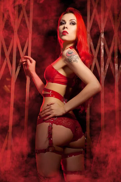 Luxury Slim Red Haired Alternative Girl Tattoos Red Lingerie Leather — Stock Photo, Image