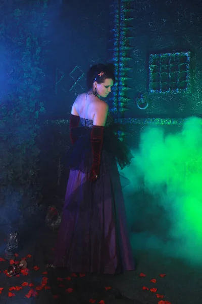 Uzun Bir Gece Elbisesi Içinde Güzel Cadı Arka Plan Siyah — Stok fotoğraf