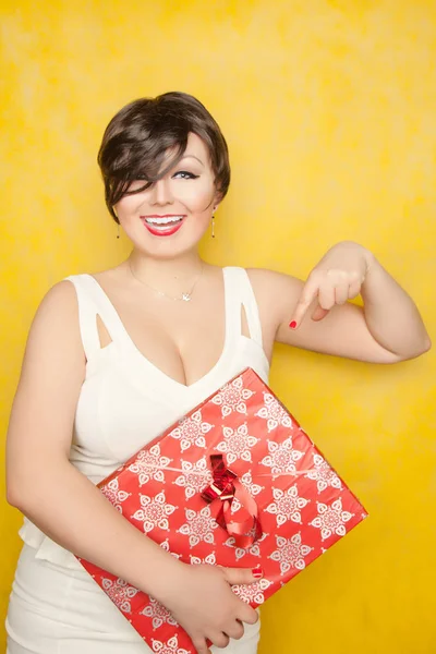 Zeer Positief Mooi Lachen Brunette Met Kort Haar Draagt Een — Stockfoto