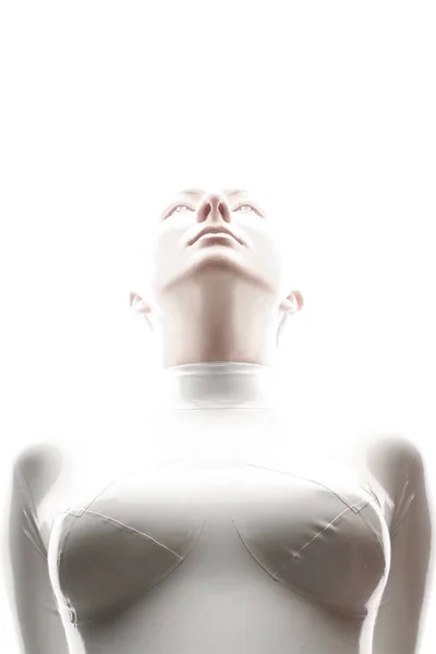 Странная Футуристическая Инопланетная Альбиноса Женщина Короткими Светлыми Волосами Позирует Латексном — стоковое фото