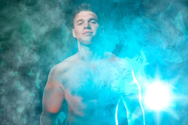 Masculine Young Muscular Male Standing Naked Torso Smoke Black Background Stock Photo by