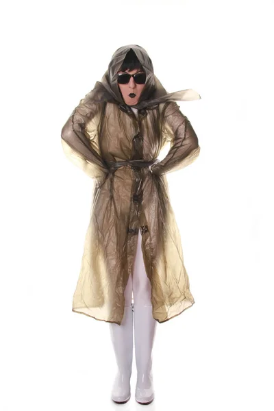 Truly Strange Old Woman Toying Posing Transparent Retro Raincoat Rubber — Stock Photo, Image