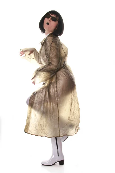 Truly Strange Old Woman Toying Posing Transparent Retro Raincoat Rubber — Stock Photo, Image