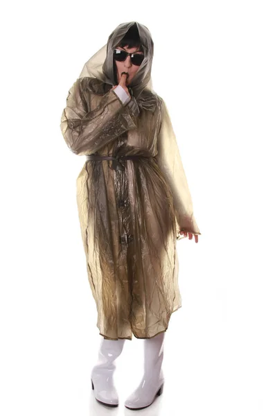 Truly Strange Old Woman Toying Posing Transparent Retro Raincoat Rubber — Stock Photo, Image