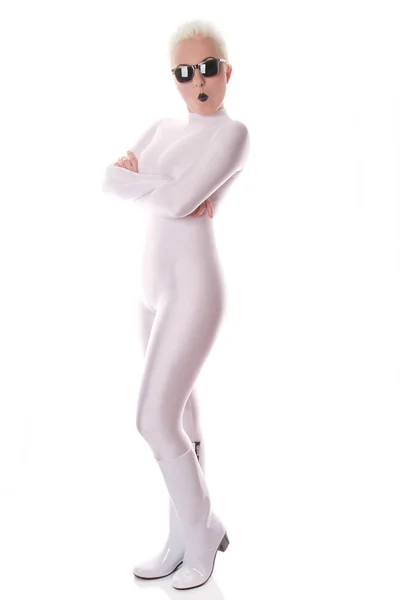 Strange Fashionable Woman Wearing White Spandex Fetish Tight Catsuit Black — Stock Photo, Image