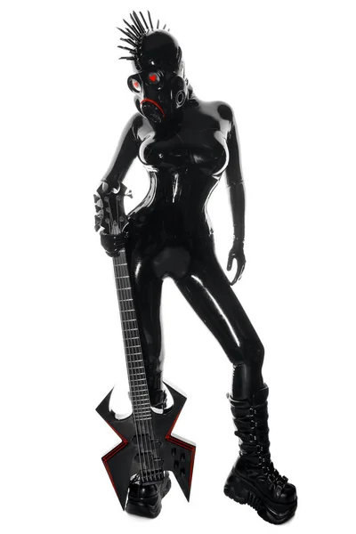 Rock Musician Woman Black Latex Fetish Suit Gas Mask Stands — Stock Photo, Image