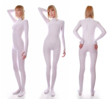 bir beyaz duran sevimli genç kadın izole beyaz arka plan üzerinde her tarafta spandex sıkı tulum streç