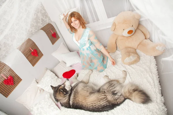 美しいヨーロッパの女の子が横になっていると白いベッド上面の彼女最高の友達犬マラミュート レース ナイトガウンで眠っています — ストック写真