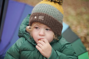 Parkta renkli gökkuşağı şemsiyeli tanınmayan küçük bir çocuk. 2 yaşındaki bebek, sonbaharda ceket ve şapka giyer.